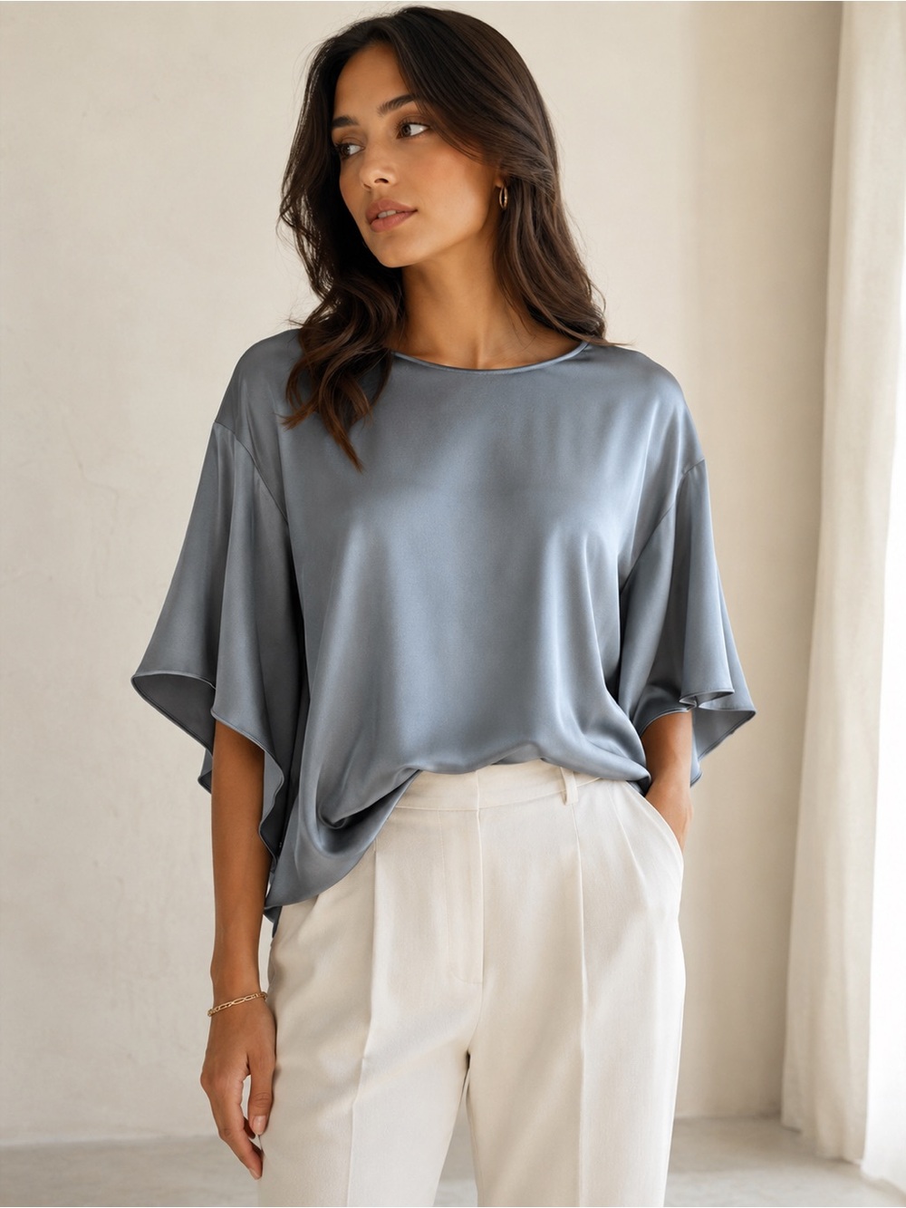 VINCE Silk Blend Flutter Sleeve Blouse Silver Gray XXXL NWT Elegant Luxe Top